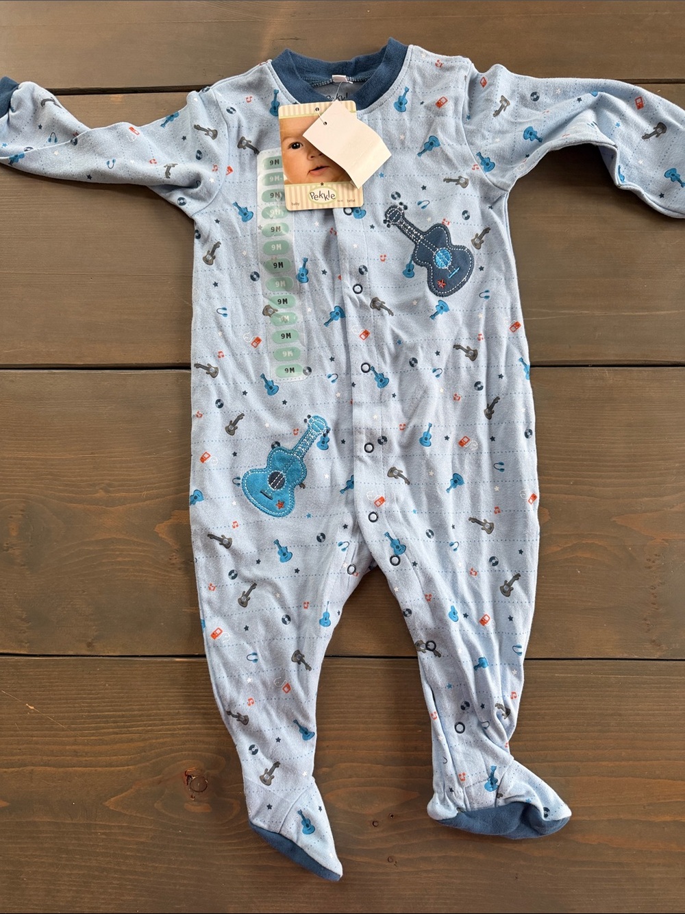 Light Blue Guitar Print Footed One-Piece for Kids